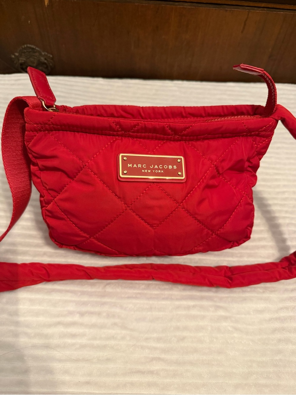Marc Jacobs Red Quilted Nylon Crossbody with Logo Plaque